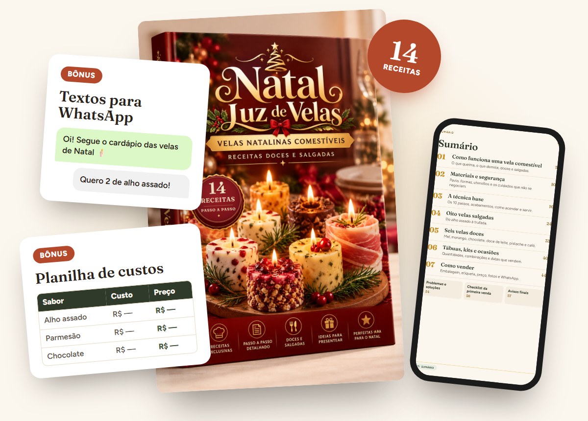 O que vem no kit: guia em PDF com 14 receitas, planilha de custos e textos para WhatsApp